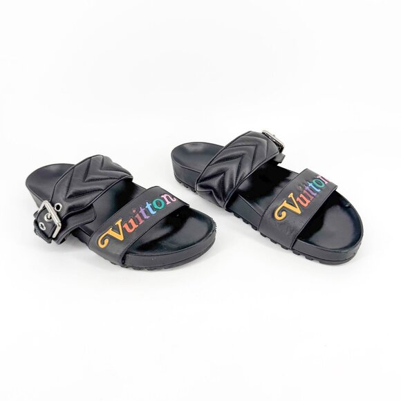 Louis Vuitton New Wave Bom Dia Slide Sandal Size 38 US 8 Black Rainbow Logo Mule - Picture 1 of 15
